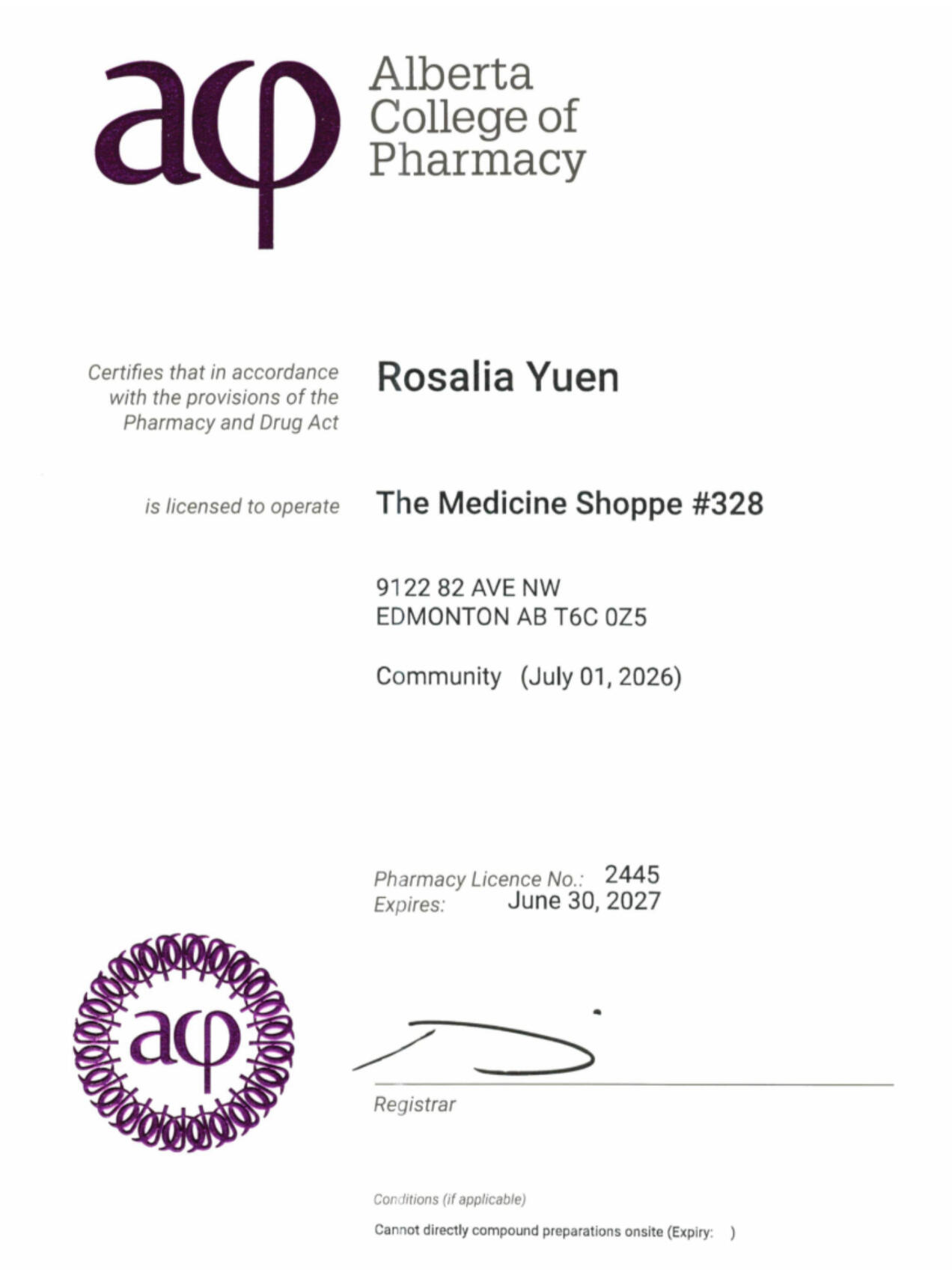 Gourlay's Clinic Pharmacy license document