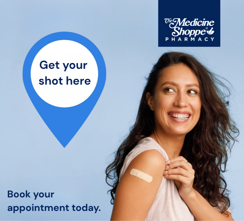 A smiling woman with teen who has a vaccine bandage on her shoulder sitting on her lap